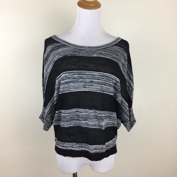 BCBGMAXAZRIA Black Gray White Striped Pattern Dolman Sleeve Knit Sweater - Picture 3 of 7